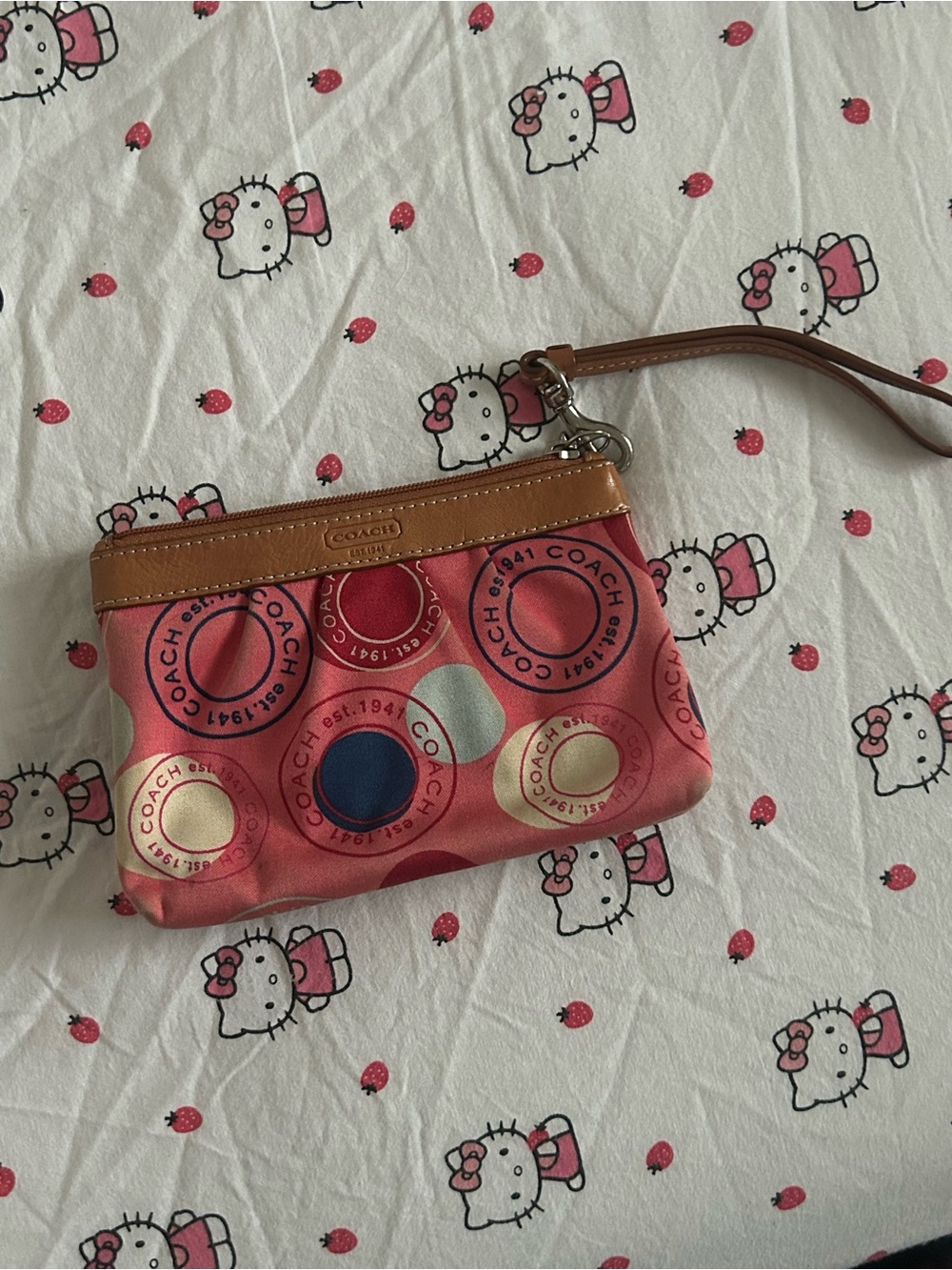 Coach Pink Multicolor Circle Logo Wristlet with Tan Trim